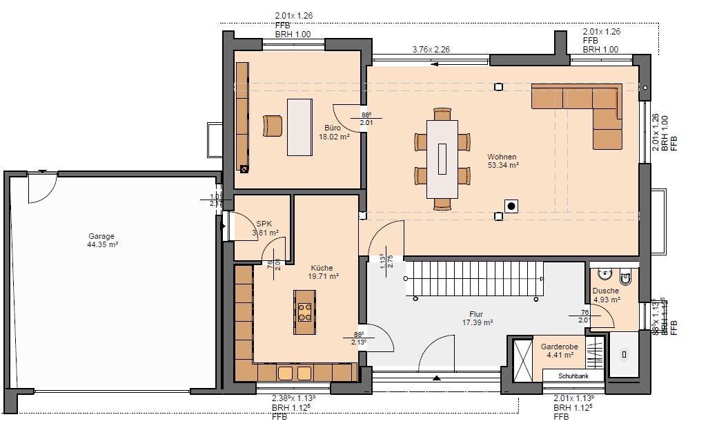House floor plan: garage, kitchen, office, open living area, hallway, shower, cloakroom.