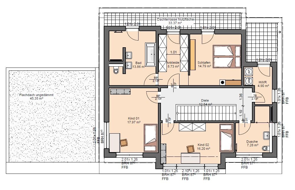 House floor plan: bedroom, dressing room, bathroom, shower, 2 children's rooms (Child 01/02), hallway, utility room.