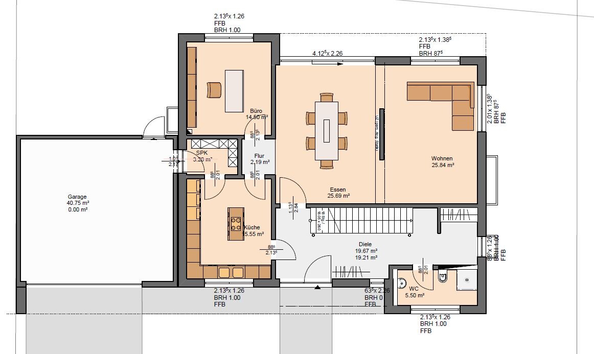 House floor plan: garage on the left, kitchen, dining, office top left, living room right, hallway, WC.