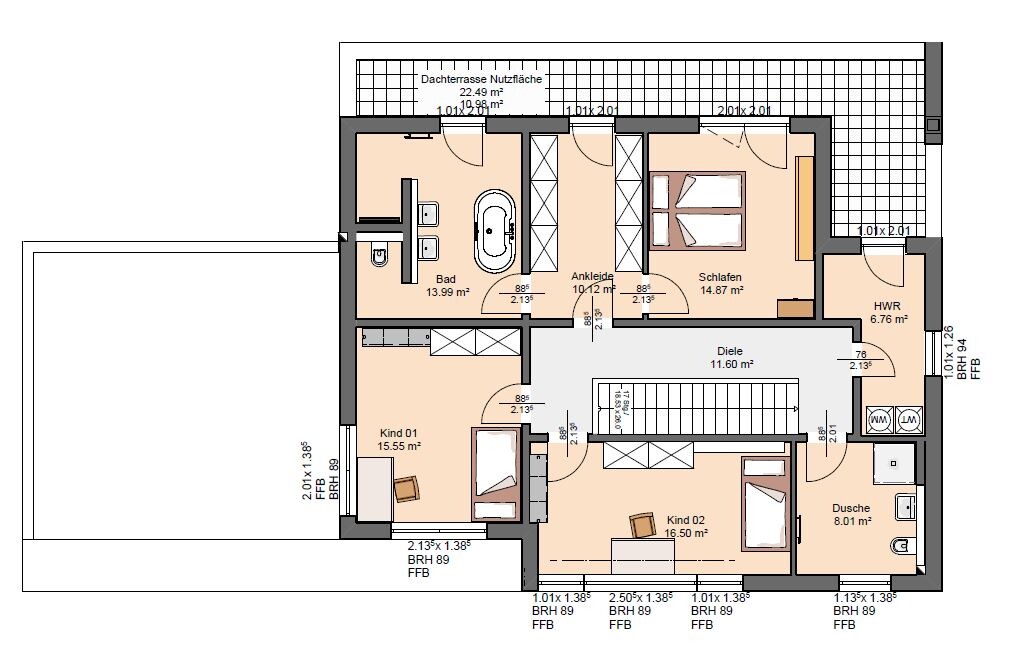 Attic floor plan: bathroom, bedroom, dressing room, children's room, hallway, utility room, and terrace.