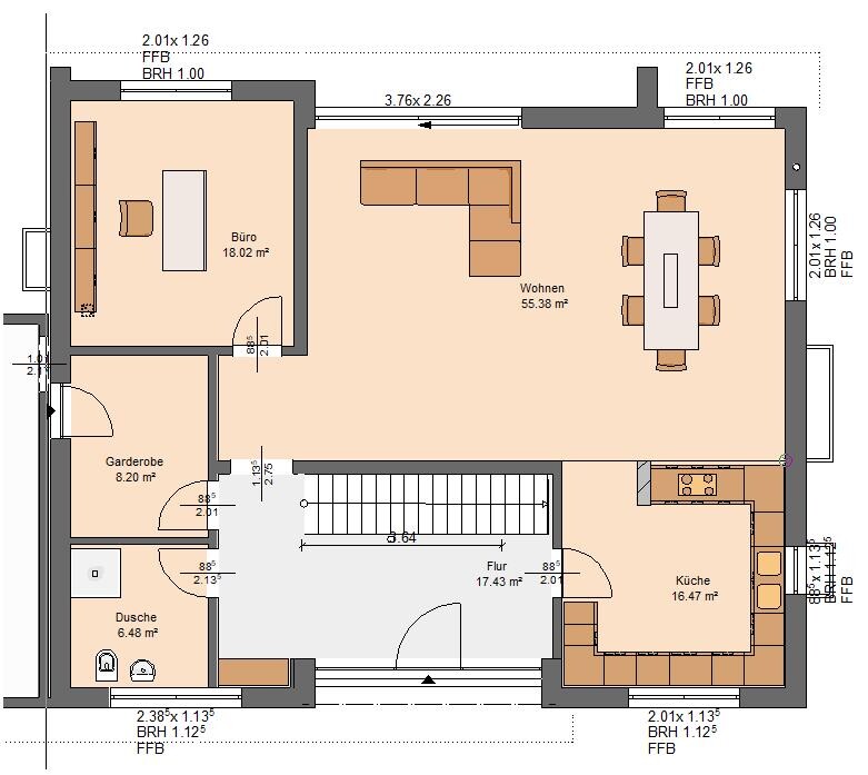 Floor plan of a living area with living room, dining table, kitchen, office, cloakroom, hallway.