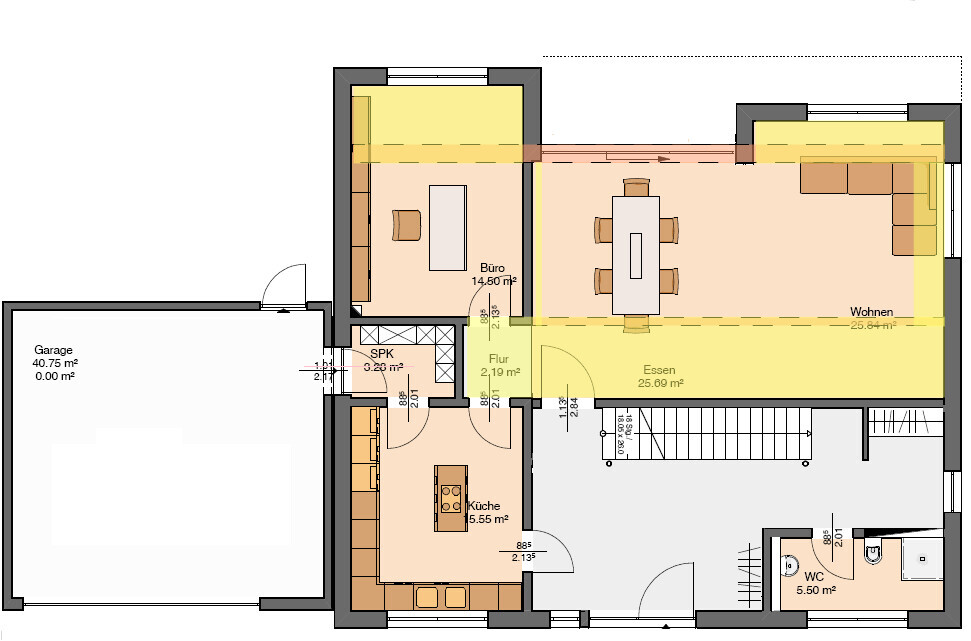 Floor plan of a house with kitchen, dining, living, office, hallway, toilet, and garage.