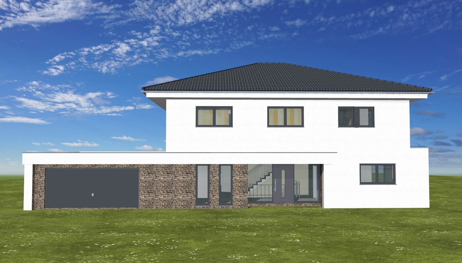 Modern two-story villa with white facade, dark hipped roof, stone front on the left, and glass entrance.