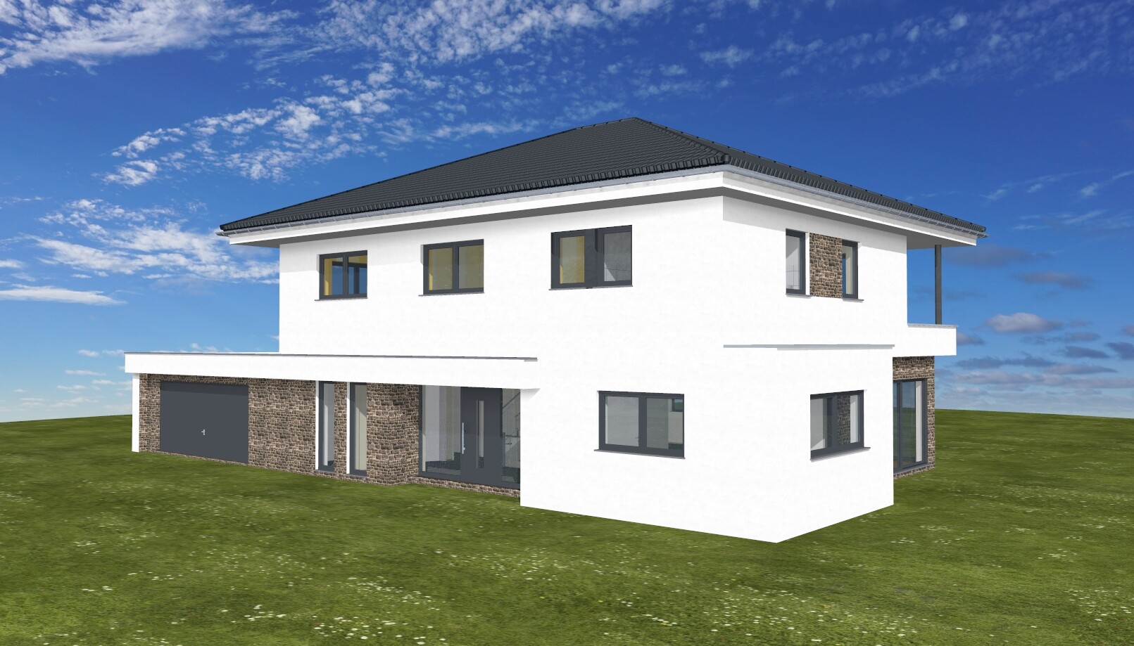 Modern two-story white house with dark roof, stone accents, and garage on a meadow.