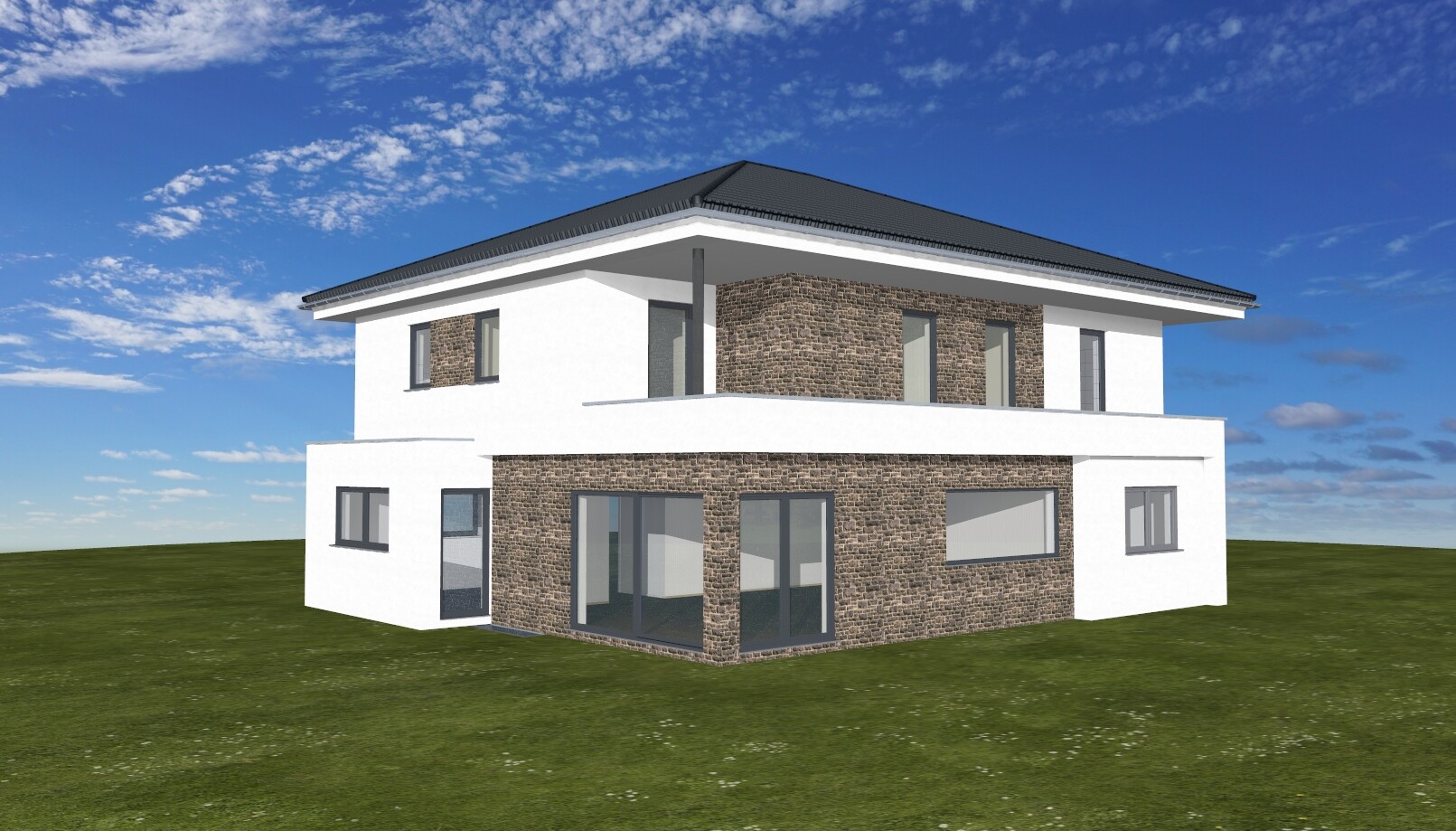 Modern two-story house: white facade with stone cladding, large glass windows, gray roof.