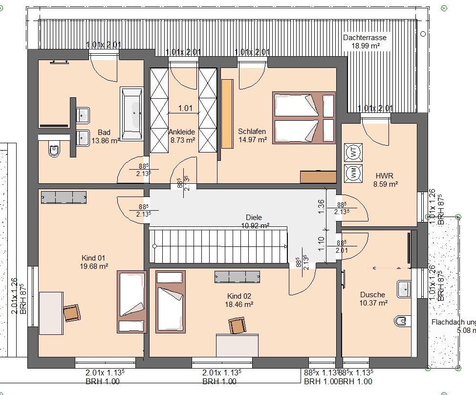 Floor plan of a house: entrance hall, bedroom, child 01, child 02, bathroom, shower, dressing room, utility room, roof terrace.