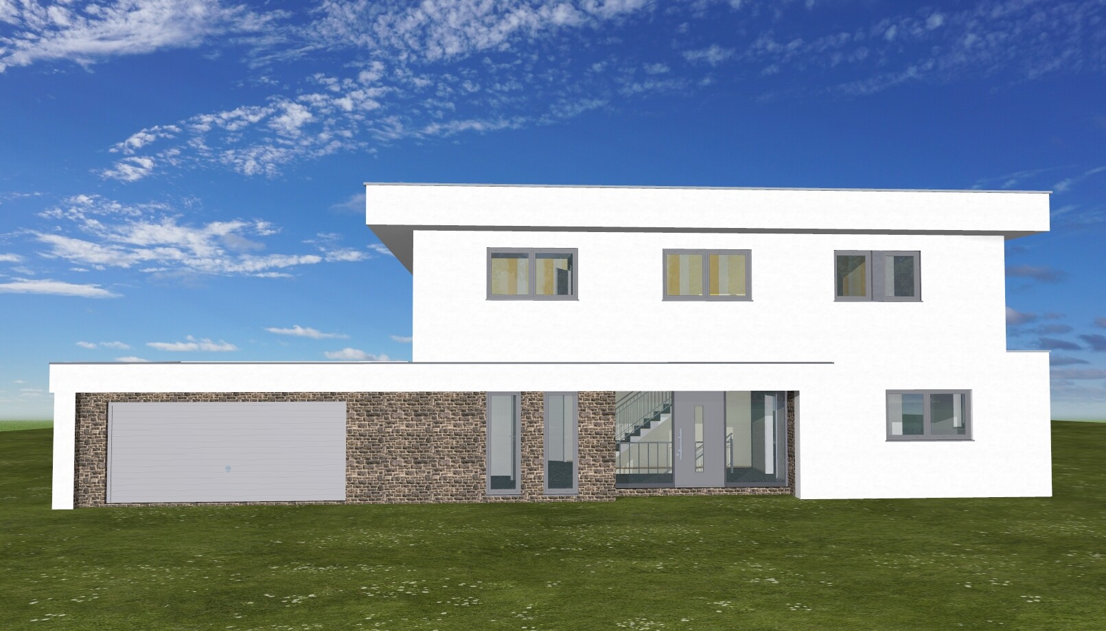 Modern white house with stone cladding on the front, garage on the left, and glass facade.
