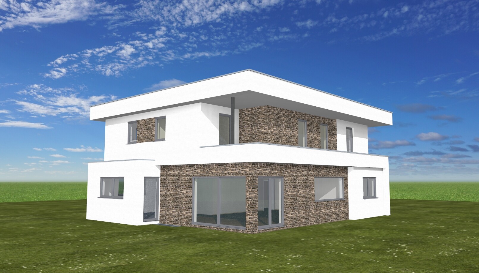 Modern white, two-story villa with stone facade and large windows on green lawn