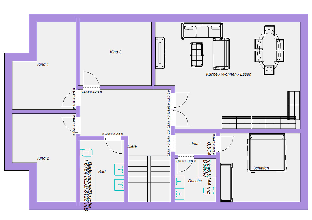 Floor plan of a house: three children's rooms, bedroom, kitchen/living/dining, bathroom, shower, hallway.