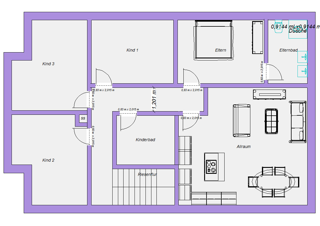 Floor plan of a house with three children's rooms, parents' room, bathroom, kids' bathroom, living and kitchen area.
