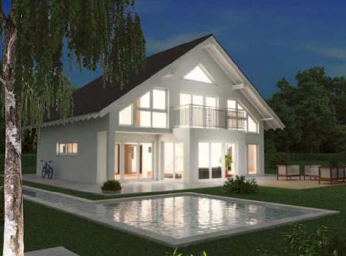 Modern white house with large windows and pool in the front yard