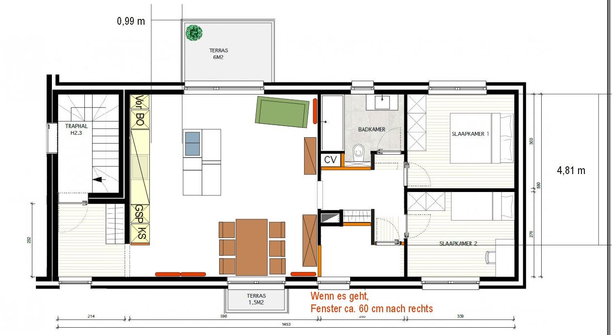 Floor plan of an apartment: Open living space with dining table, kitchen, bathroom, two bedrooms, terrace.