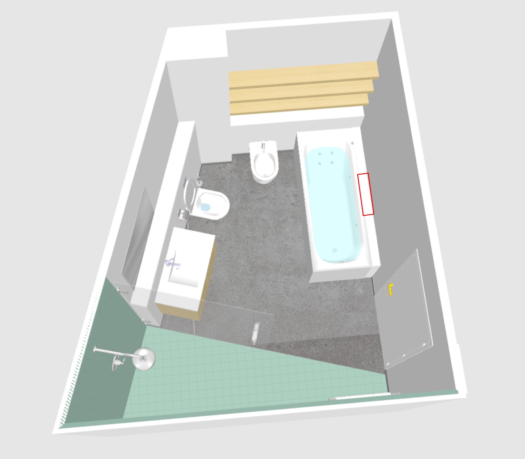 3D bathroom plan with bathtub, toilet, and sink, planning view