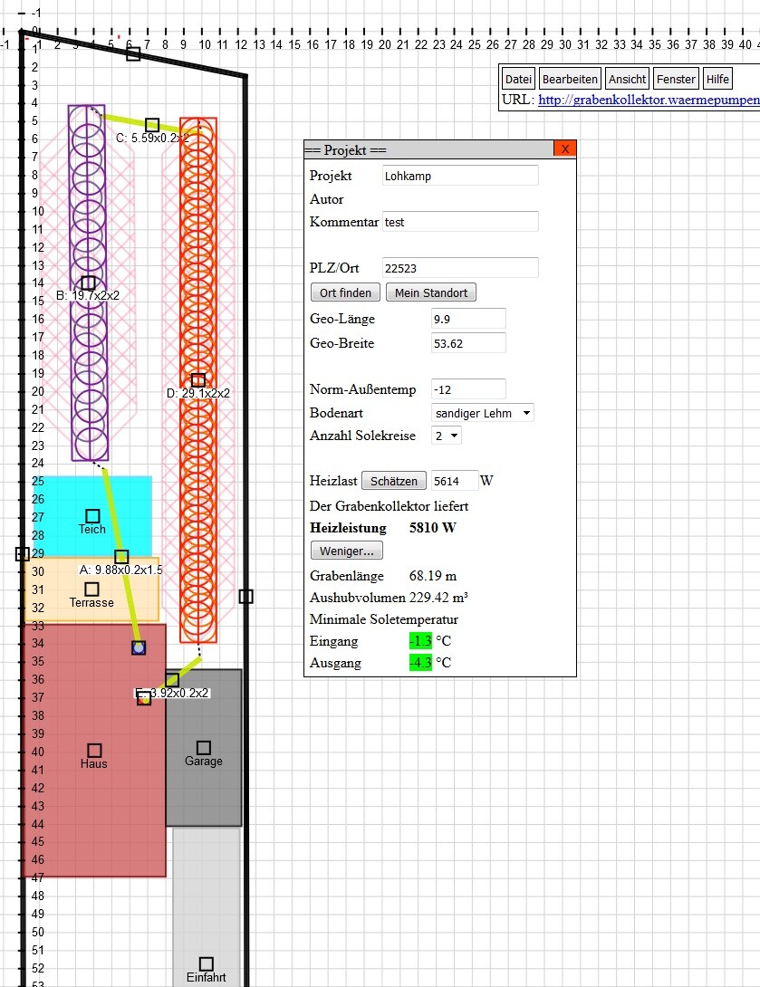 2D floor plan: property, terrace, pond, and building layout