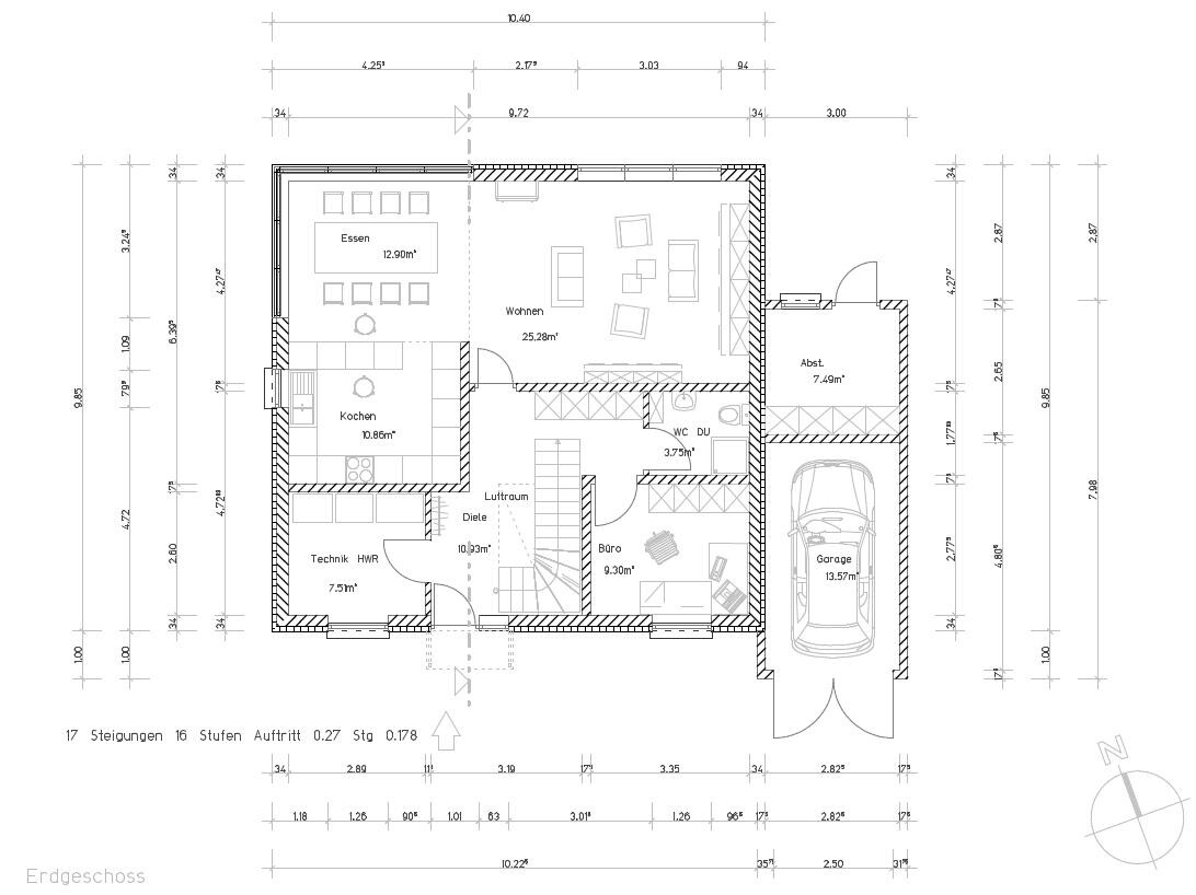 Ground floor plan: kitchen, dining room, living room, office, hallway, utility room, storage room, garage with car
