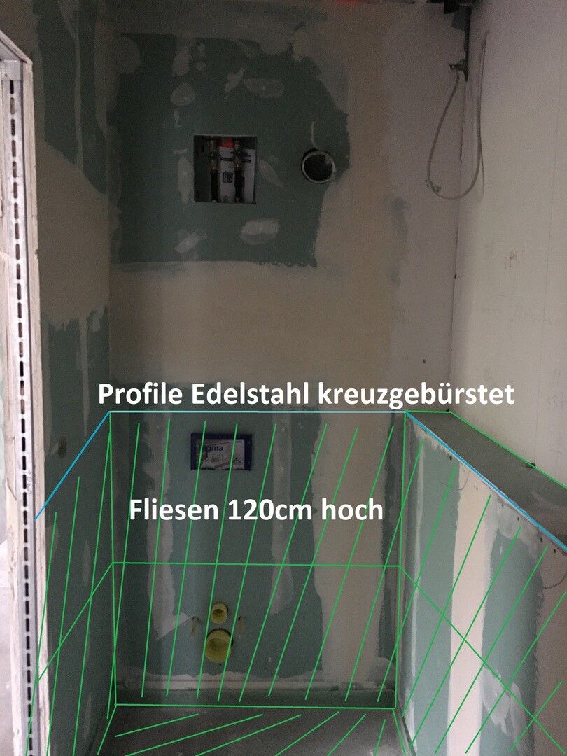 Construction site: unfinished bathroom, stainless steel profiles (cross-brushed), tiles up to 120 cm (47 inches).