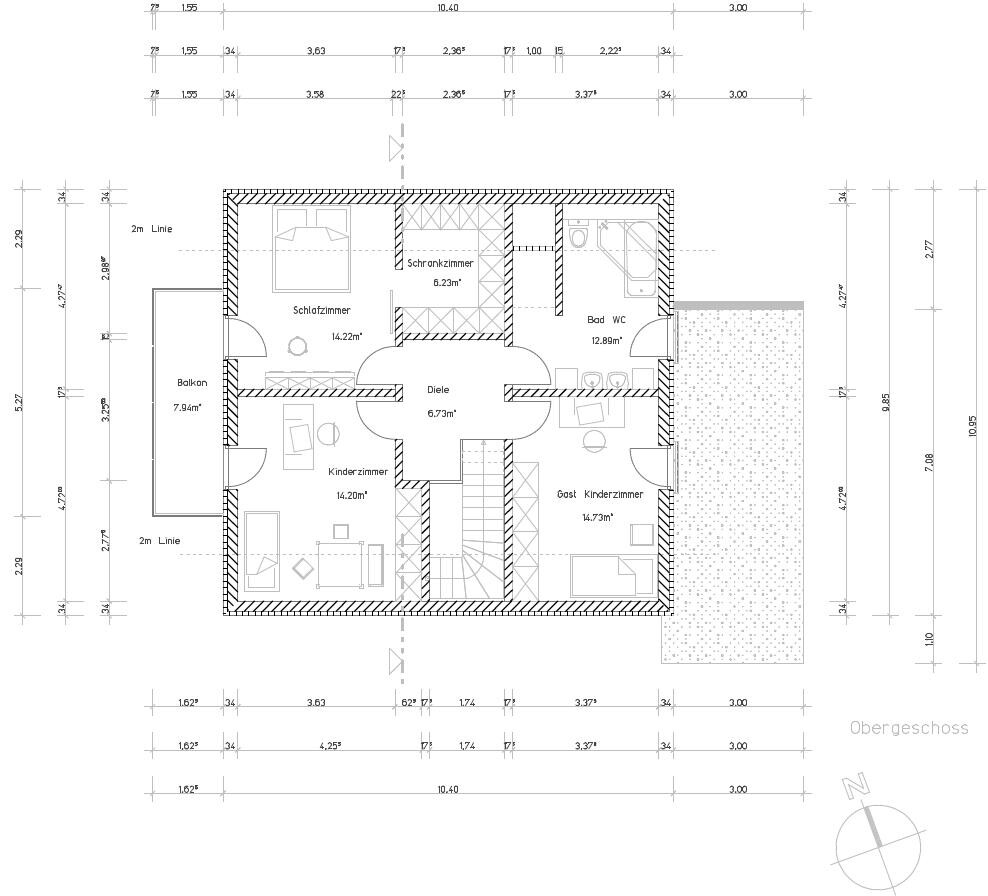 Upper floor plan with hallway, master bedroom, children’s room, guest/children’s room, bathroom/WC, balcony.