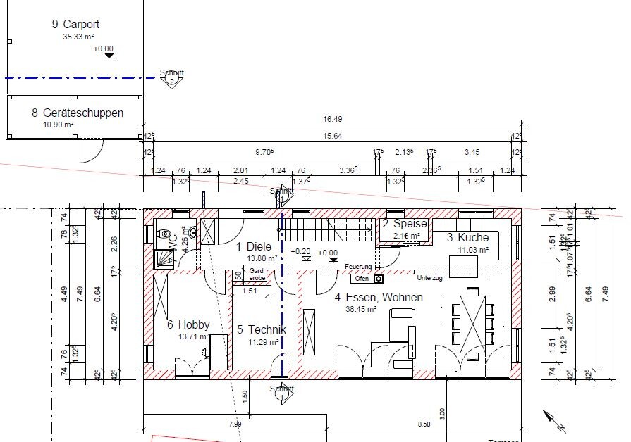 Ground plan of a house with hallway, hobby room, utility/technical room, WC, pantry, kitchen, dining/living area.