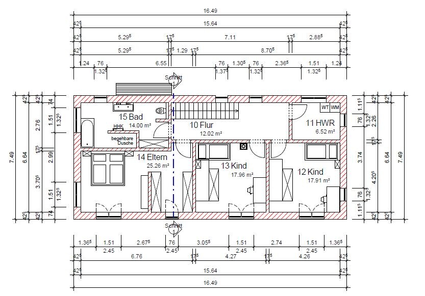 Floor plan of a house: upper floor with master and two children’s bedrooms, bathroom, hallway, utility room.