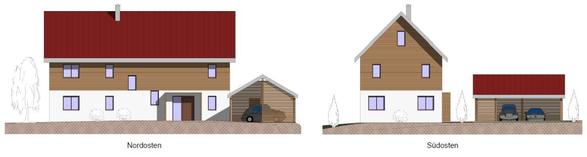 Two wooden houses with carport and garage, cars in front, garden trees; northeast and southeast views.