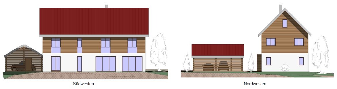 Architectural view of a residential house ensemble with red roofs; southwest and northwest views.