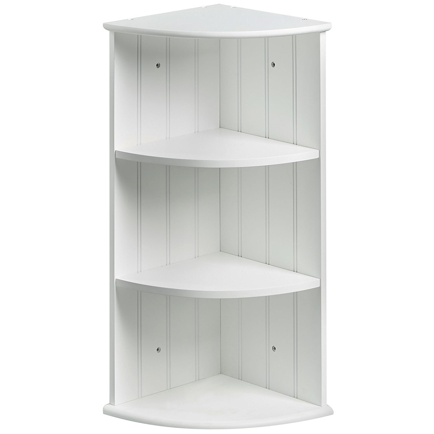 White corner shelf with three shelves in front of panel wall.