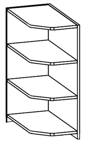 Tall freestanding multi-level shelf with four shelves in line drawing.