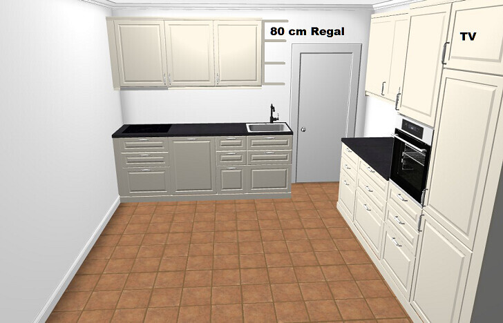 Kitchen with light cabinets, black countertops, sink on the left, oven on the right, tile floor.
