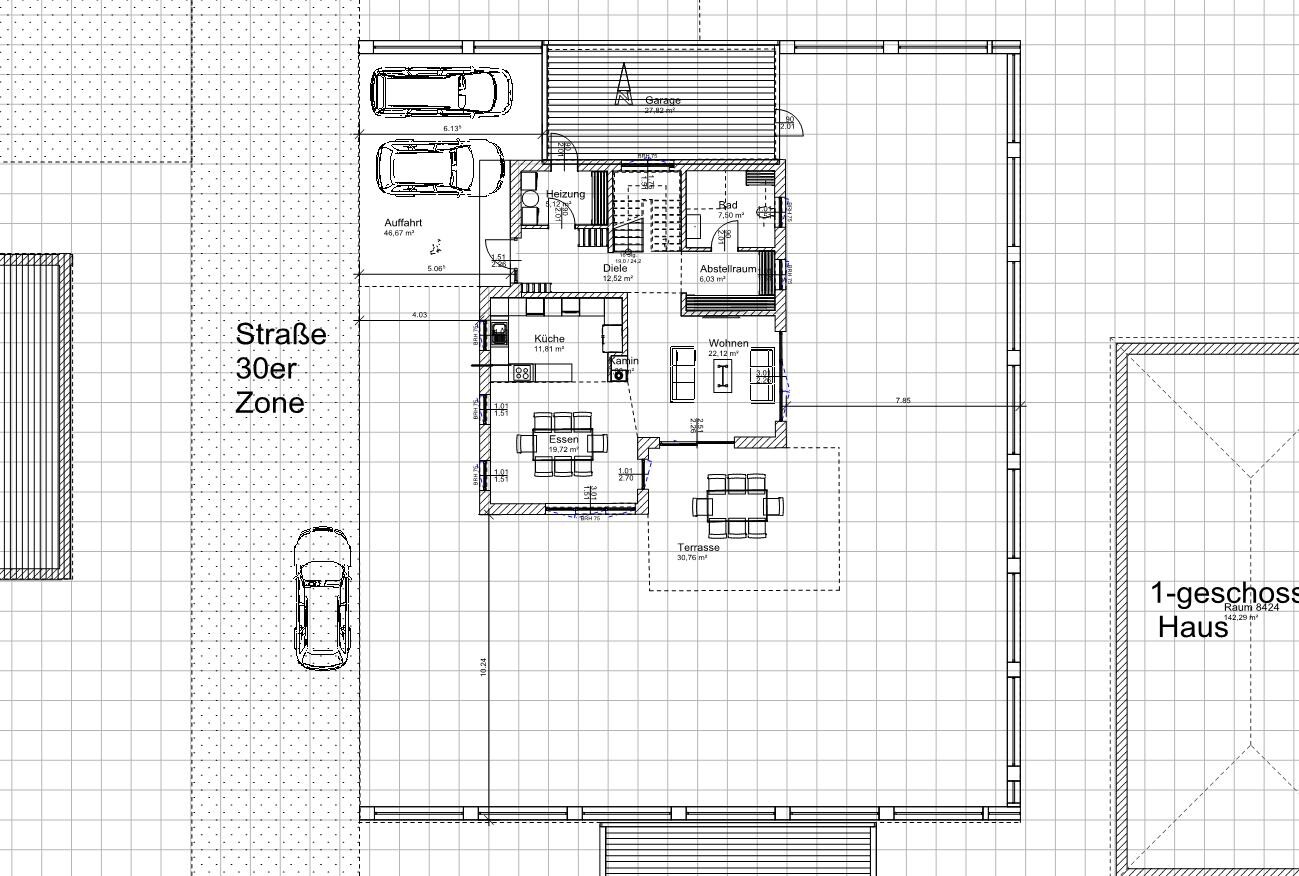 2D-Grundriss-eines-Einfamilienhauses-mit-Garage-Terrasse-Wohnbereich