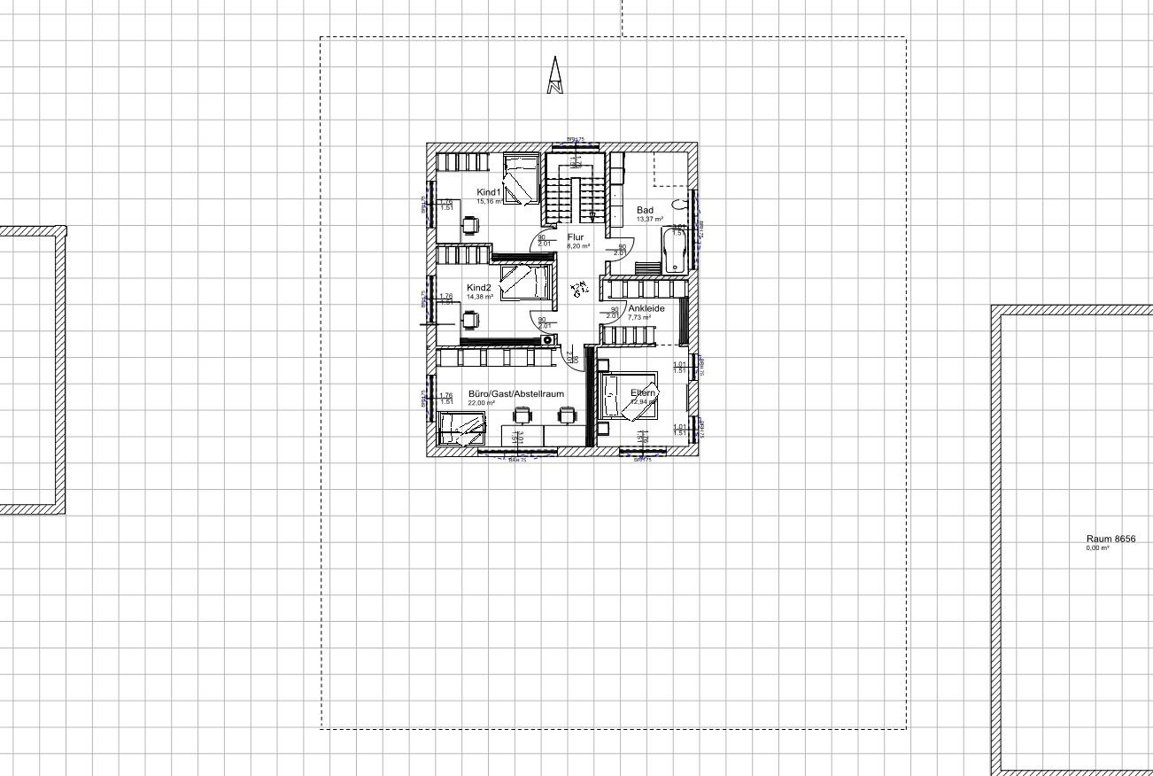 Grundriss eines Hauses mit Schlafzimmer, Bad, Flur und Treppen in 2D-Draufsicht.
