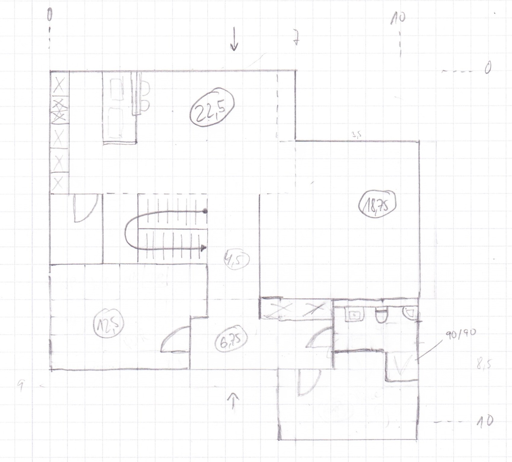 Handgezeichneter Wohnungsgrundriss mit Türen, Treppe und mehreren Räumen, Maße in m².