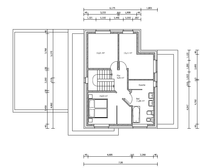 Grundriss eines Wohnhauses: Treppenhaus, Flur, Bad, Dusche und Schlafzimmer.