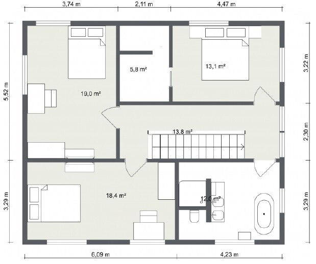 2D-Hausgrundriss zeigt Wohnzimmer, Schlafzimmer, Bad, Küche, Flur und Treppenhaus