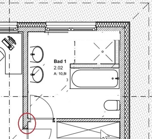 Floor plan of a bathroom Bath 1: two sinks, bathtub, toilet, door on the left