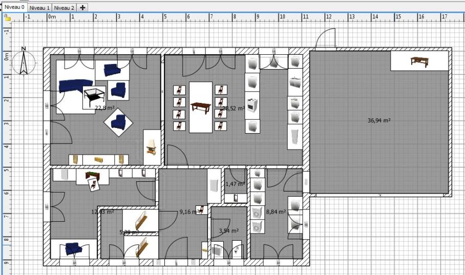 2D floor plan of a house with rooms, hallways, doors, and garage