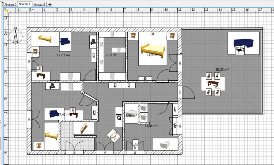 Two-dimensional house floor plan with multiple rooms, doors, and furniture on grid plan