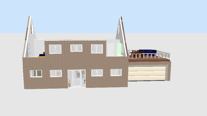 3D view of a brick house with garage and terrace as a rendering
