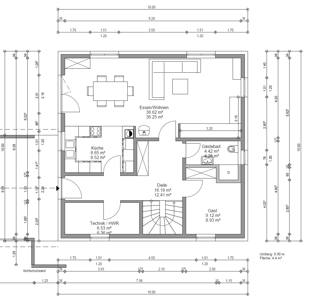 Floor plan of a house: living/dining area, kitchen, hallway, guest room, guest bathroom, technical/utility room.