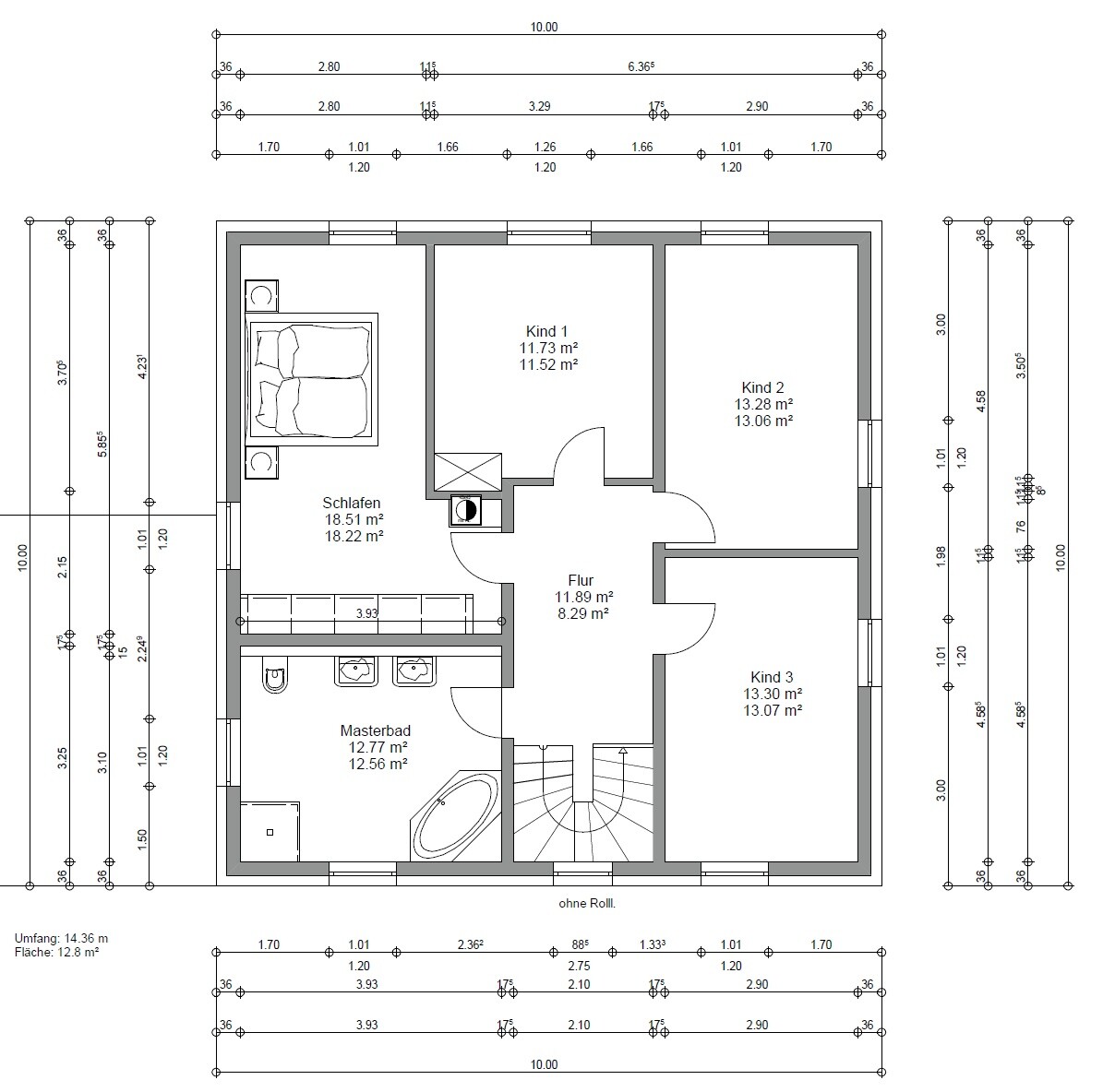 Floor plan of a house: bedroom, master bathroom, hallway, and three children's rooms (Child 1–3)