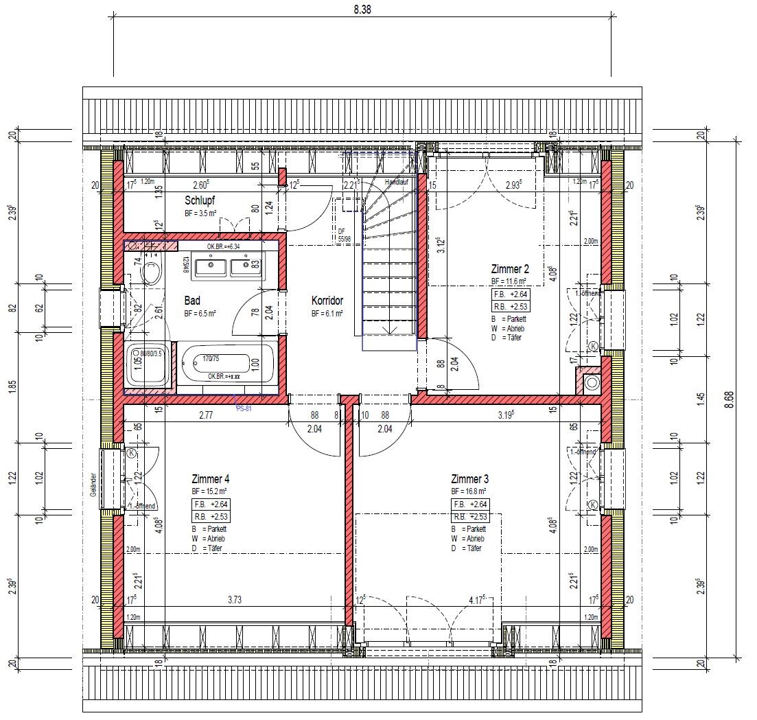 Floor plan of an upper floor with rooms, hallways and stairs in a building plan
