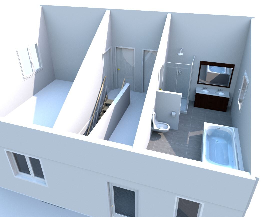3D bathroom with shower, bathtub, sink, and toilet in floor plan view