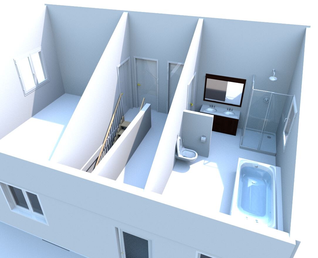 3D bathroom with shower, toilet, sink, and bathtub in one room view