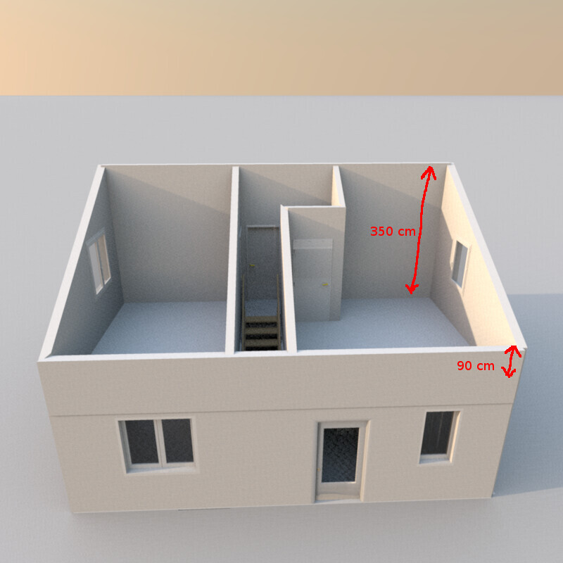 3D model of a two-story house with interior walls, staircase, and open rooms