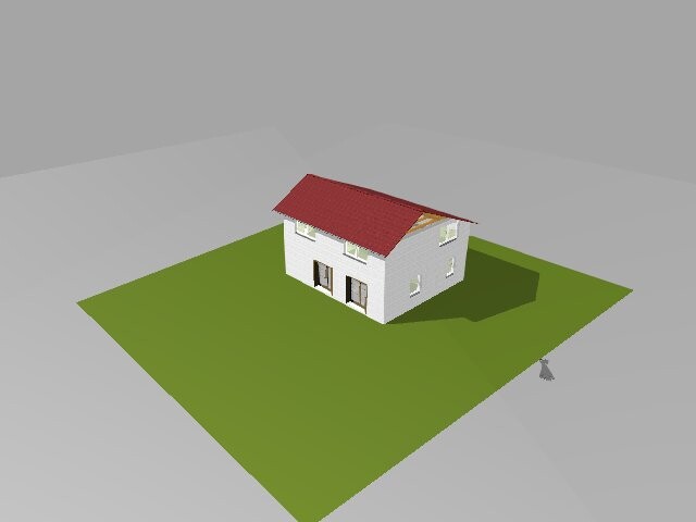 3D house model on green plot with red roof