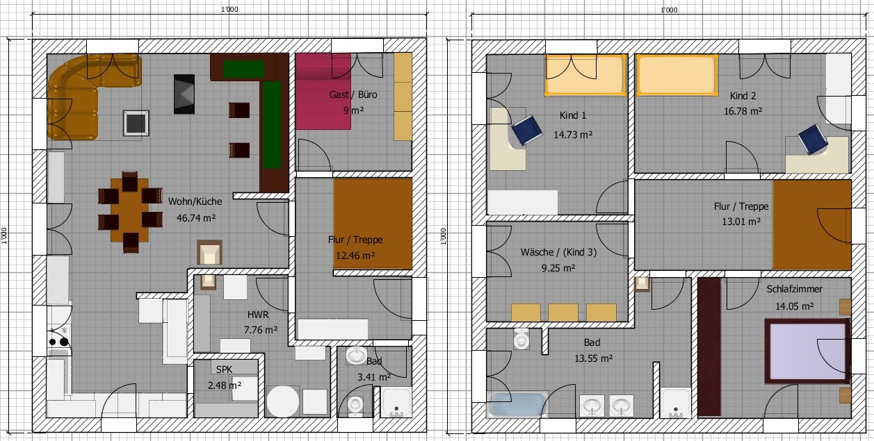 Two-story floor plan: open-plan kitchen/living area, guest room, utility room, bathroom, hallway/stairs, children's and bedrooms.