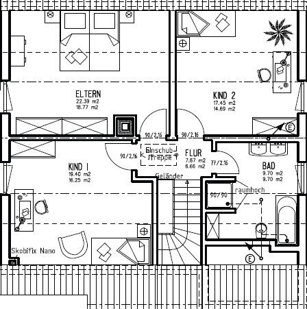 Floor plan of a family house with parents’ and children’s rooms, hallway, and bathroom.