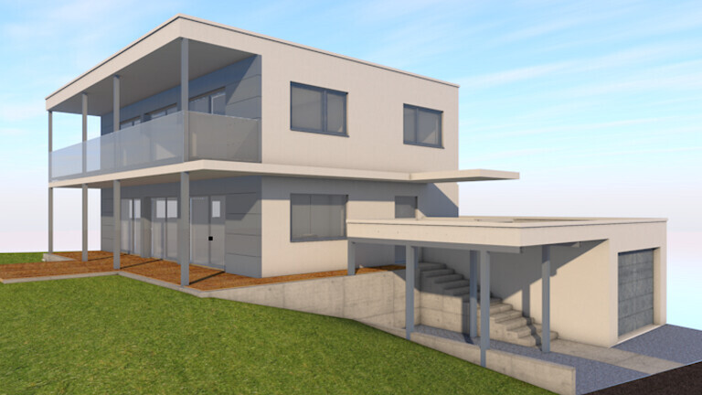Moderne zweistöckige Villa mit Balkon, Glasgeländer, Garage und Außentreppe.