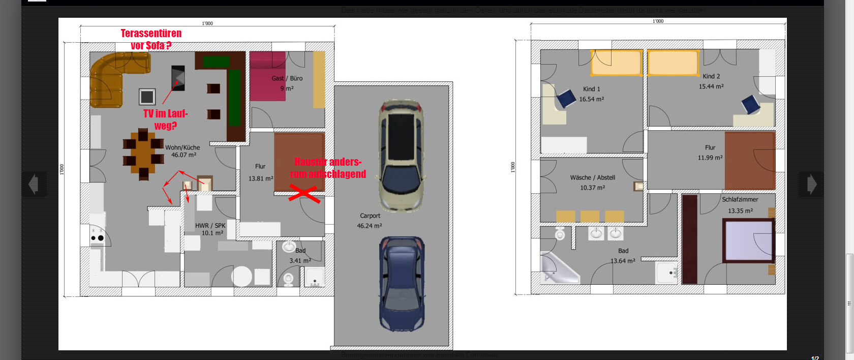 Grundriss: Erdgeschoss mit Wohnzimmer/Küche, HWR, Carport; Obergeschoss mit 3 Schlafzimmern und Bad.