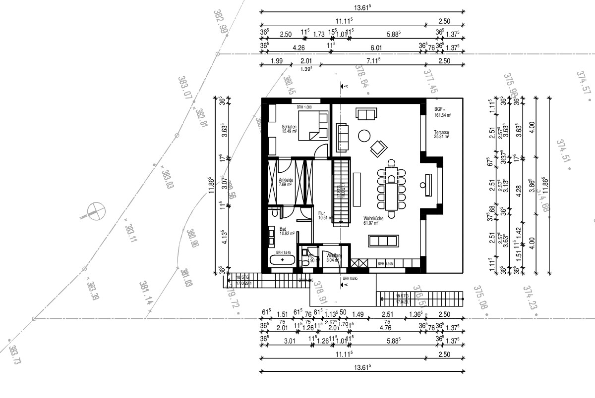 Grundriss eines Einfamilienhauses: Schlafen, Ankleide, Bad, Flur, Wohnküche und Terrasse.