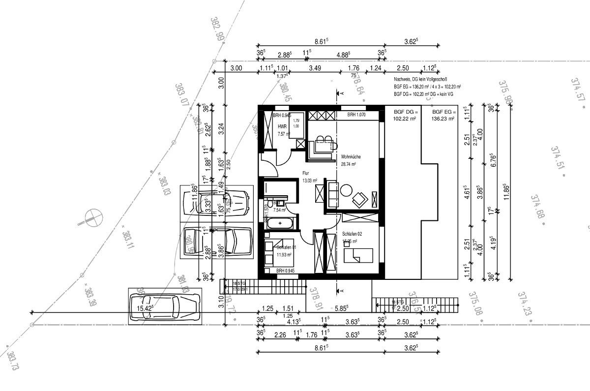 Grundriss eines Einfamilienhauses mit Wohnküche, Flur, Bad, zwei Schlafzimmern und Garage.